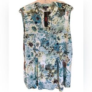 COCOMO 1X Plus size blue green floral sleeveless women's Blouse top tuni…